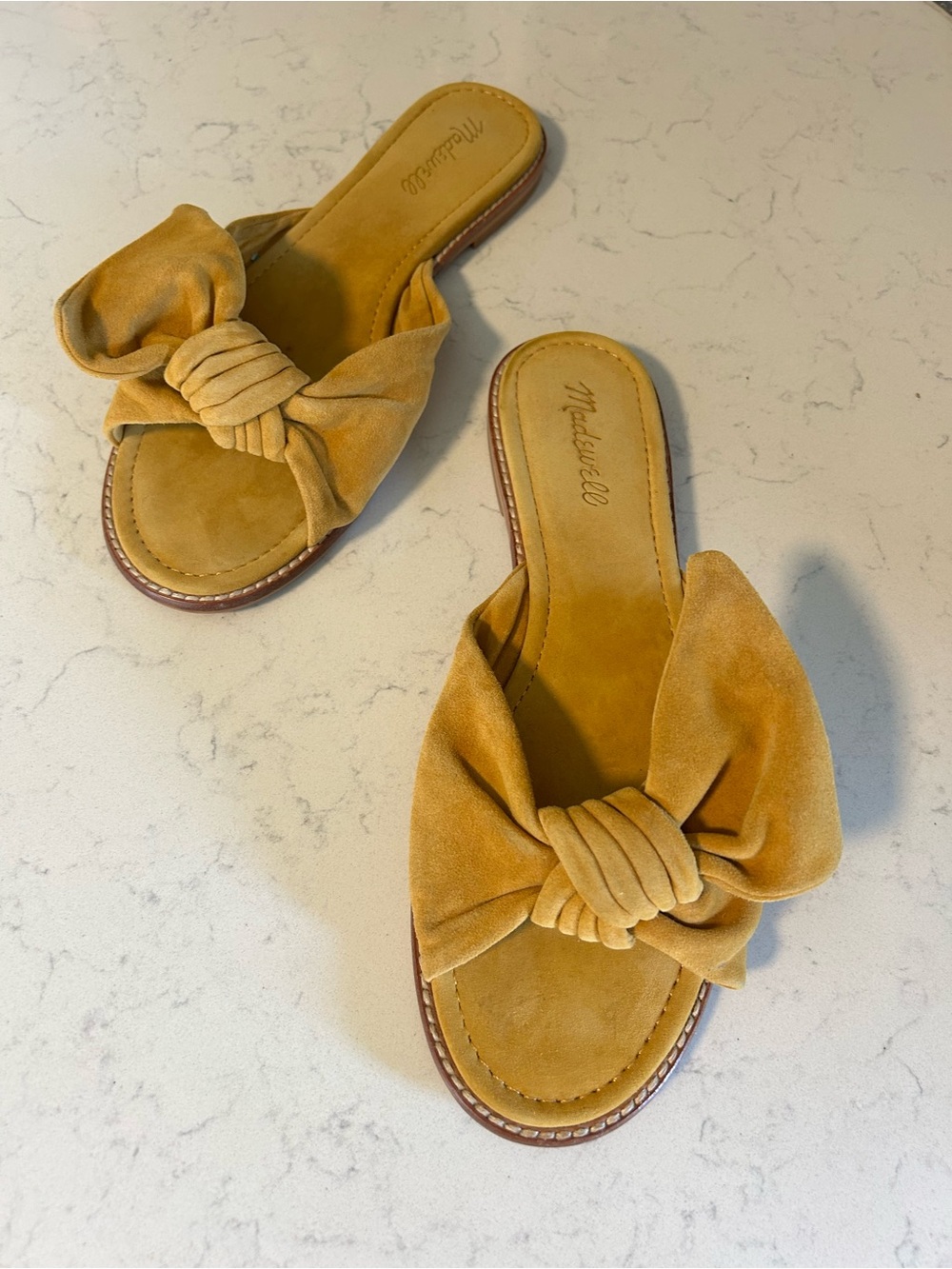 Madewell Suede Half Bow Tan Mustard Slip On Slide Sandals - Picture 4 of 16
